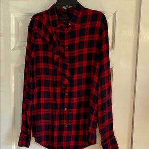 Banana Republic Red and navy Checkered Shirt with neck ruffle on one side